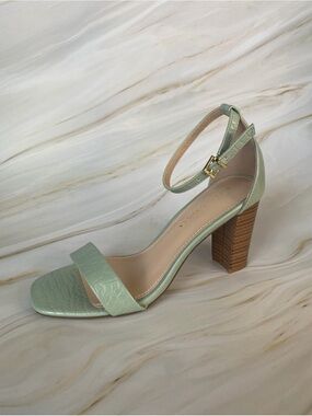 Shoe Republic LA Mint Green Croc-Embossed Ankle-Strap Block Heel